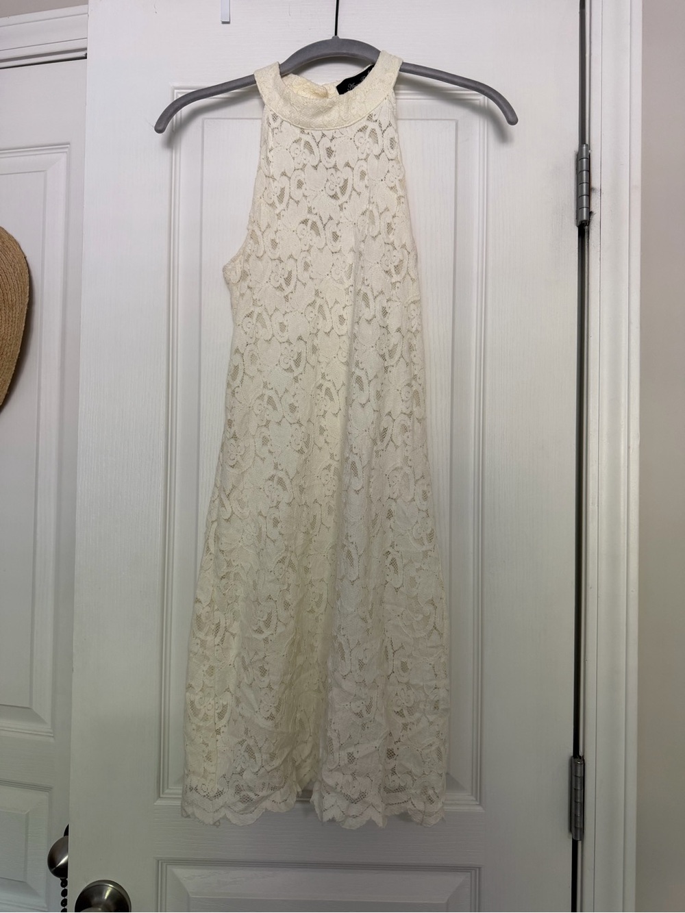 Anna Grace white lace halter neck mini dress with floral pattern, size S